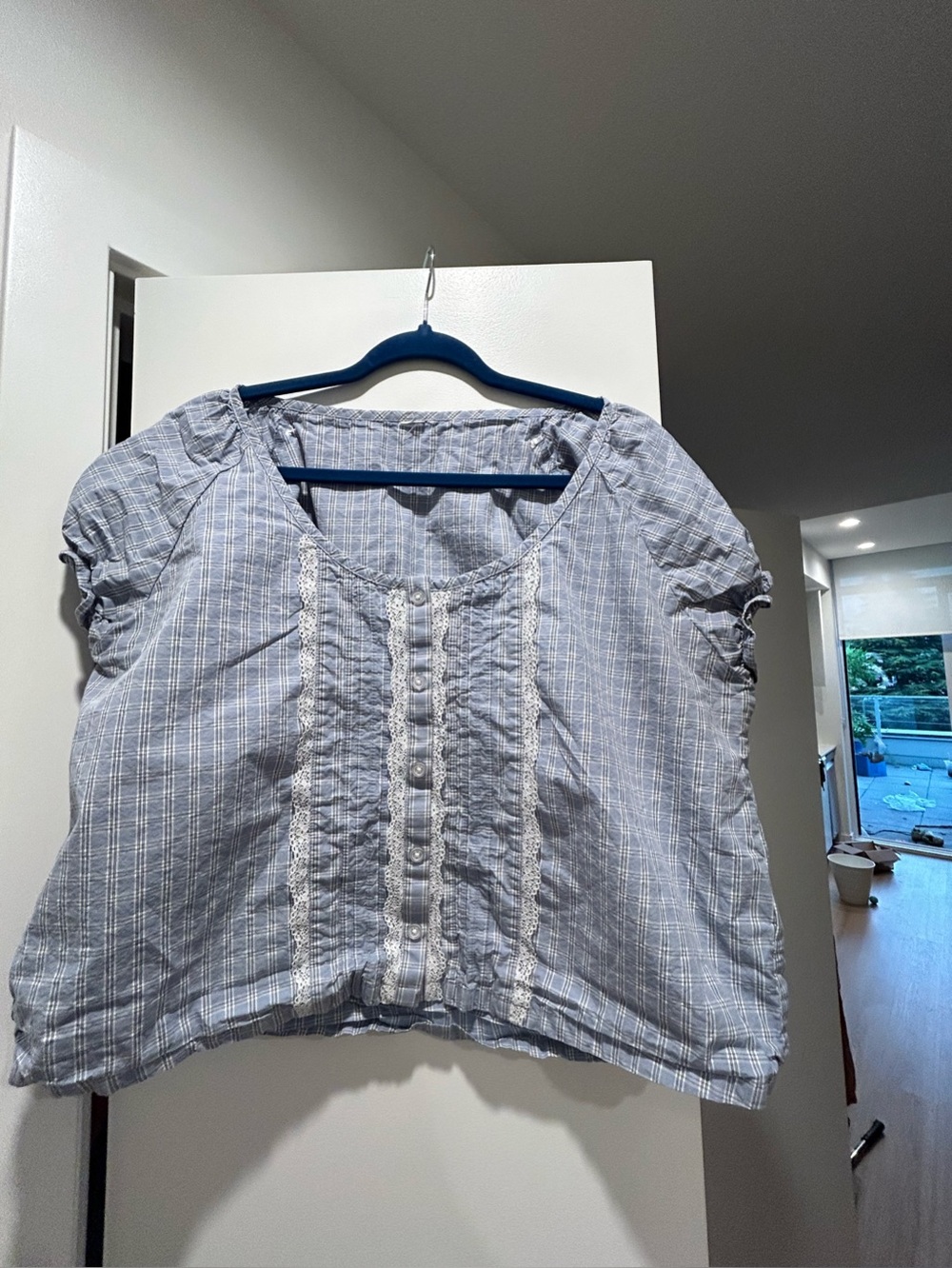 Simon’s plaid and lace blouse